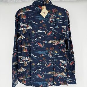 NEW Faherty Super Brushed Flannel Navy Sea and Ski Print Shirt Mens Small